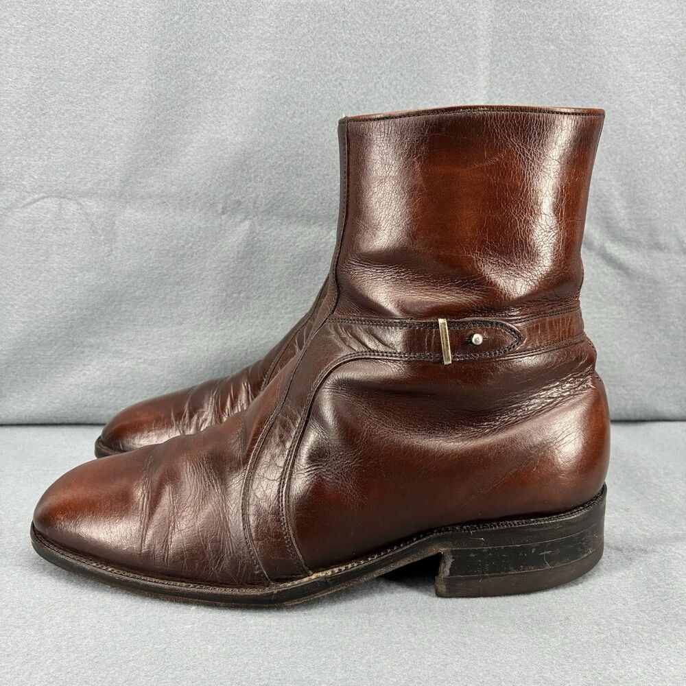 Vintage Freeman Brown Leather Ankle Boots Men’s Size 8 Side Zip Dress Boots USA